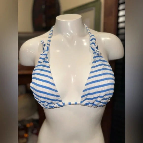 EUC Textured Triangle Bikini Top - Xhilaration Blue Stripe L - Picture 1 of 4